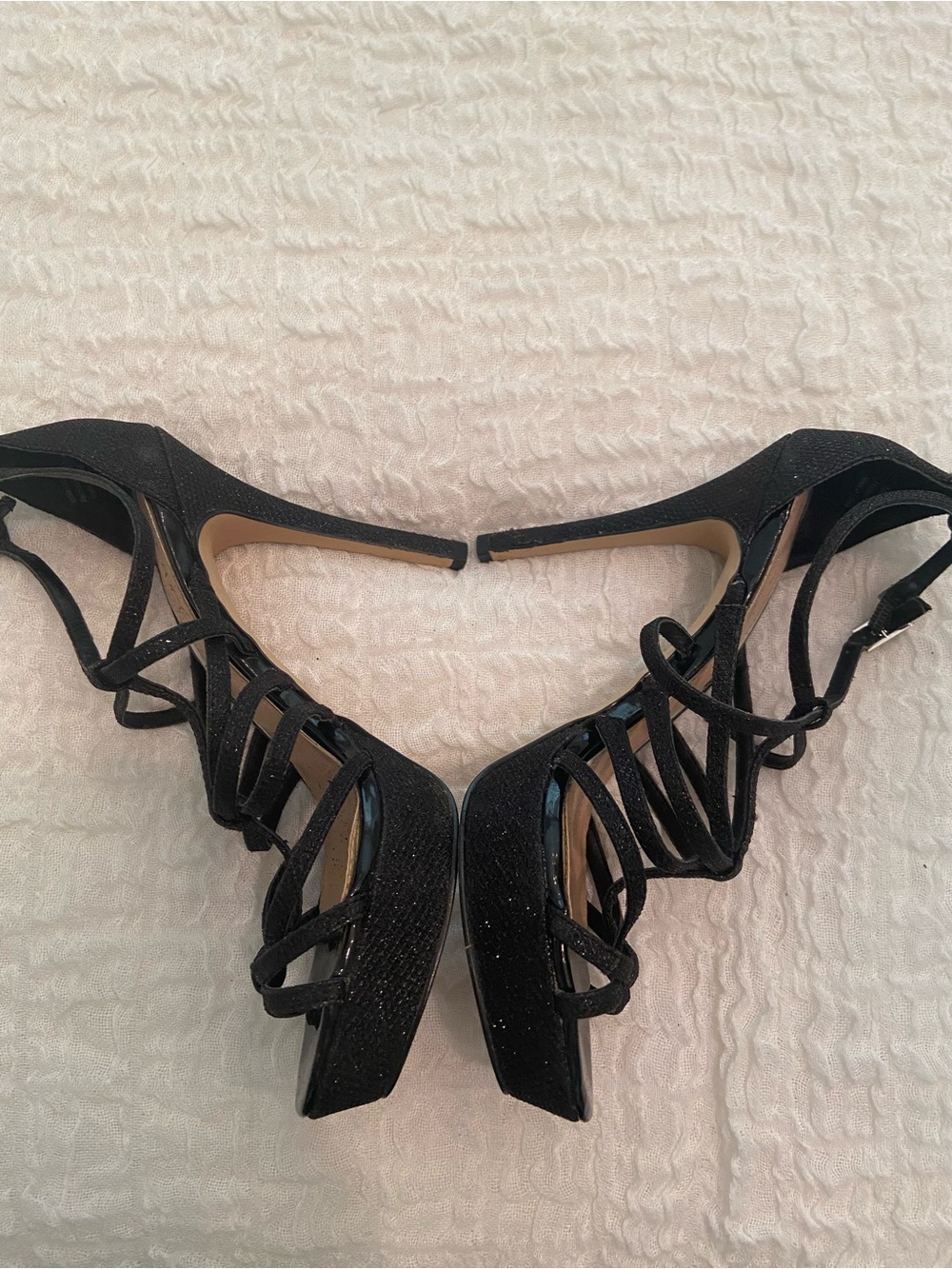 BADGLEY MISCHKA JEWEL BLACK GLITTER STRAPPY PLATFORM HEEL SIZE 7 - Picture 6 of 7
